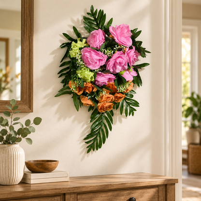 Artificial Pink & Orange Rose Floral Bouquet with Green Foliage for Wedding & Event Décor – 33 × 50 cm