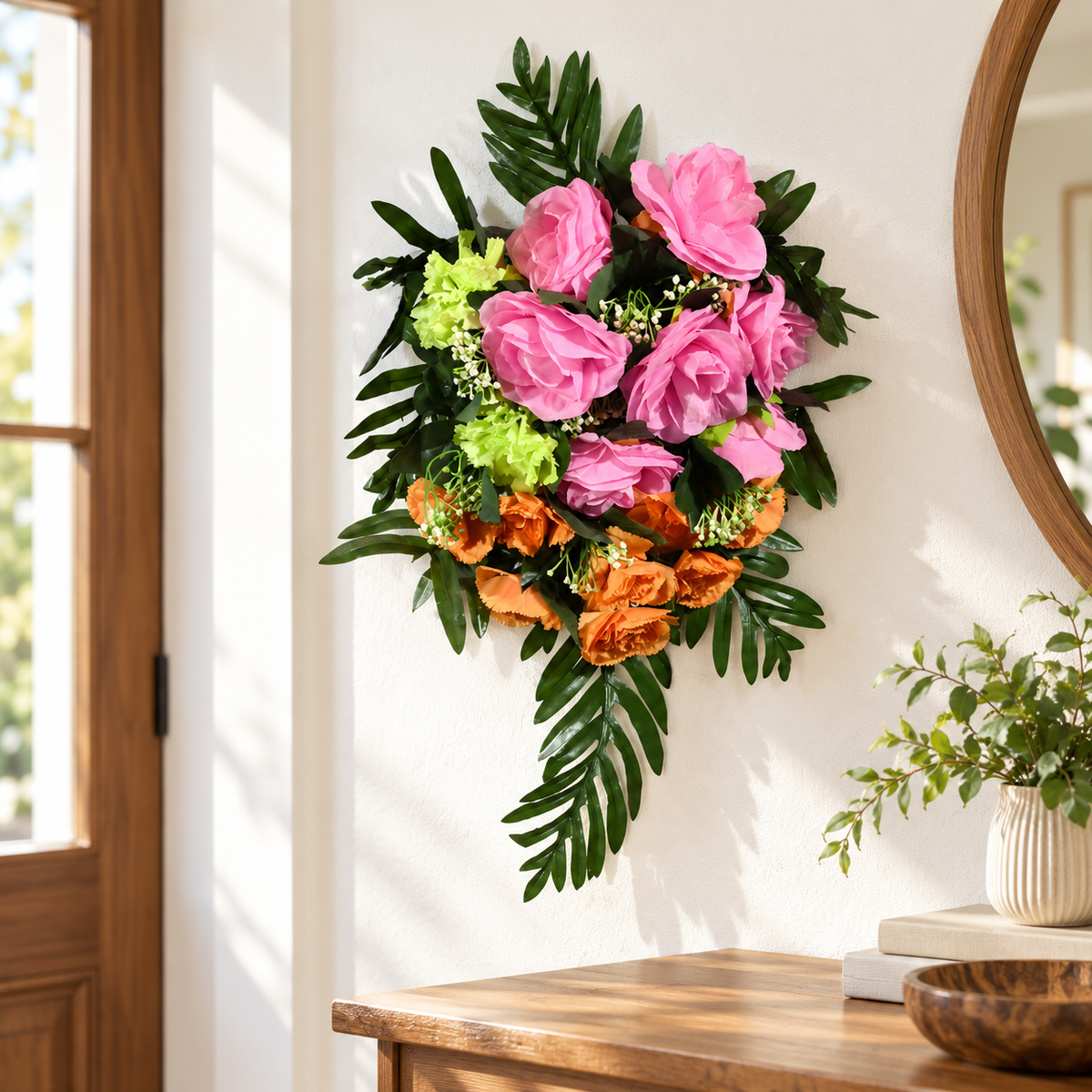 Artificial Pink & Orange Rose Floral Bouquet with Green Foliage for Wedding & Event Décor – 33 × 50 cm