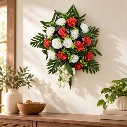 Artificial Red & White Carnation Floral Bouquet with Green Foliage for Wedding & Event Décor – 43 × 50 cm