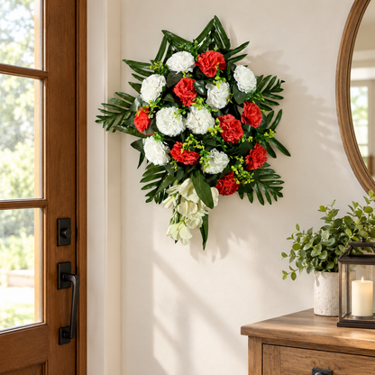Artificial Red & White Carnation Floral Bouquet with Green Foliage for Wedding & Event Décor – 43 × 50 cm