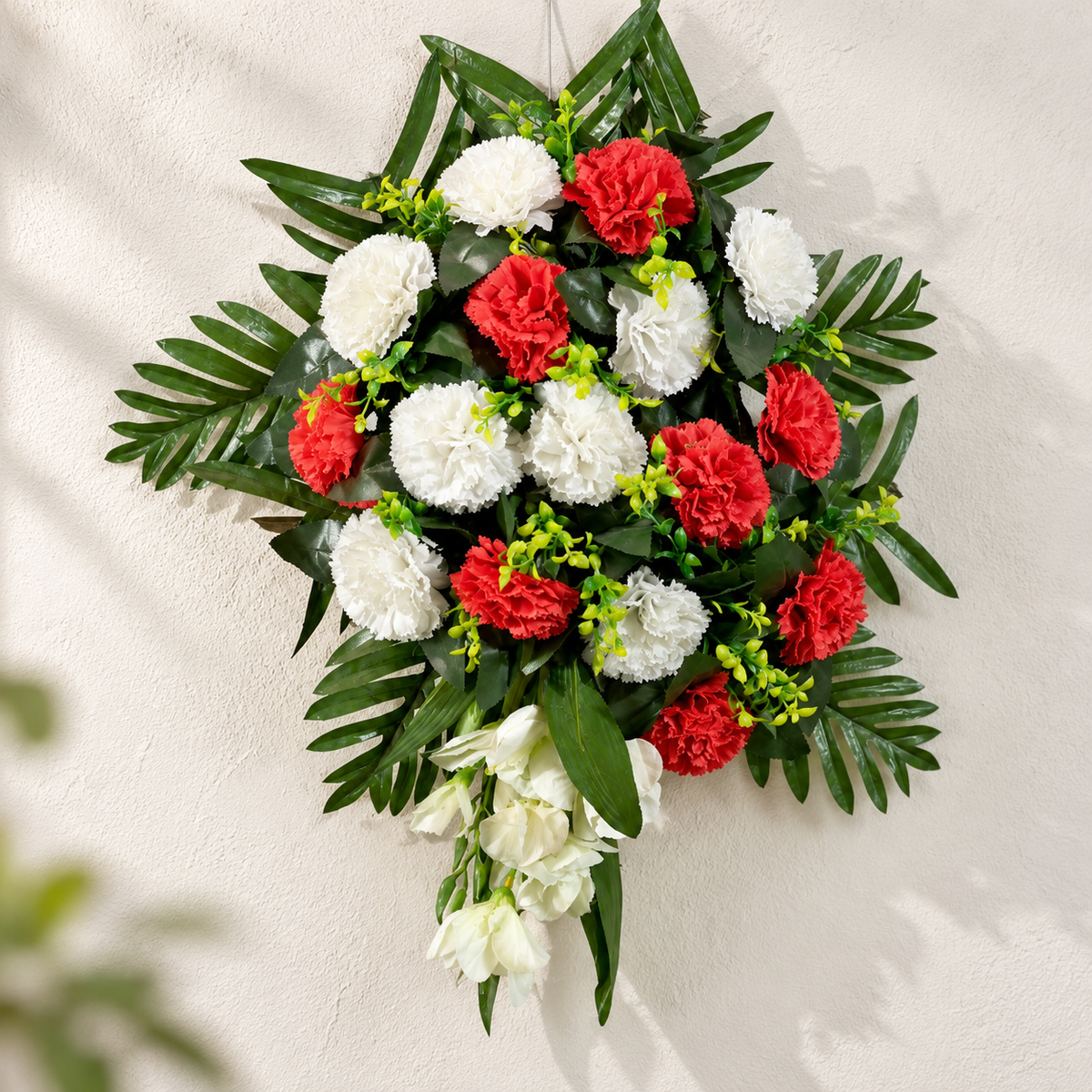 Artificial Red & White Carnation Floral Bouquet with Green Foliage for Wedding & Event Décor – 43 × 50 cm