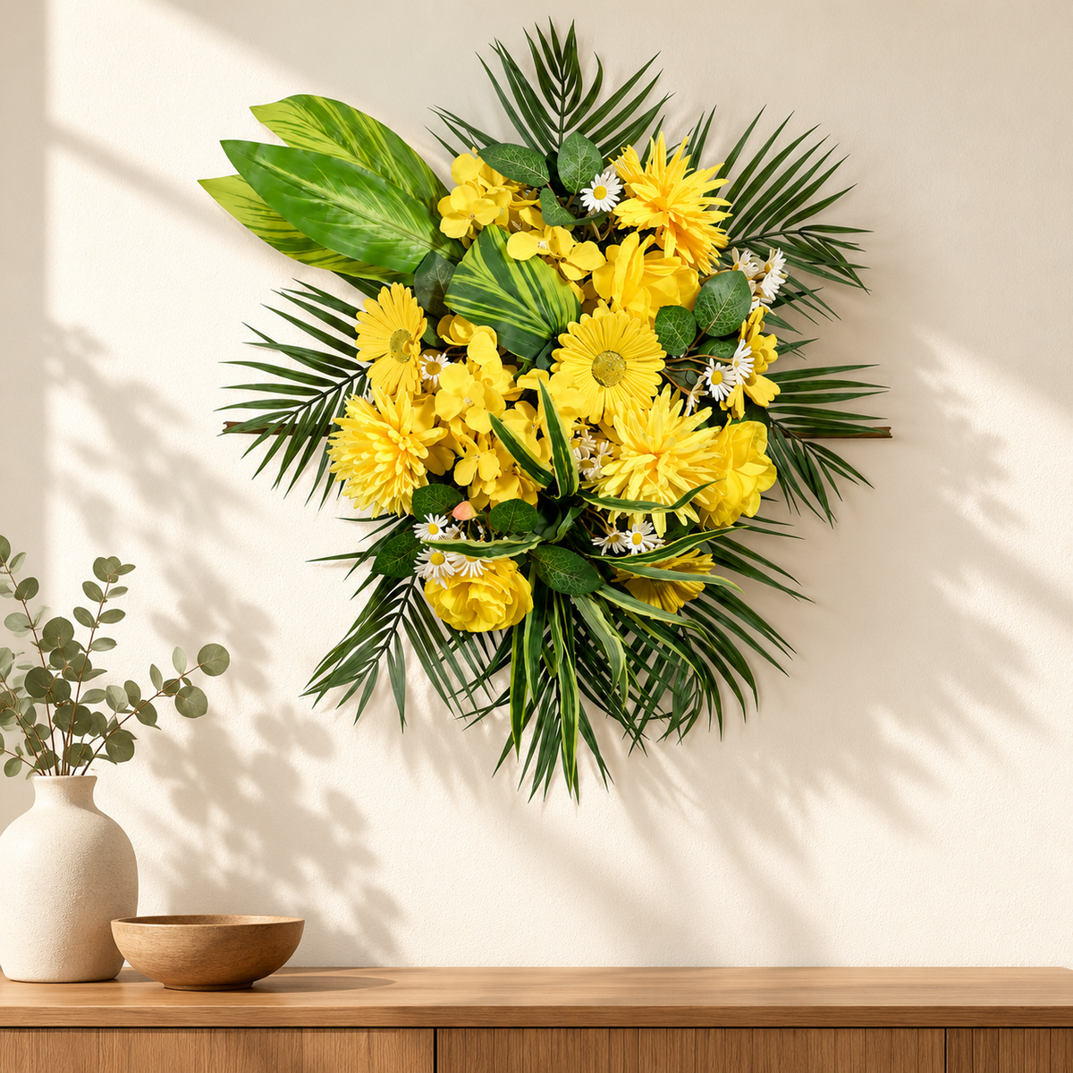 Artificial Yellow Gerbera & Mixed Floral Bouquet with Green Foliage for Wedding & Event Décor – 45 × 50 cm