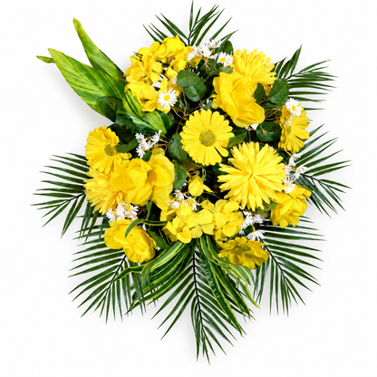 Artificial Yellow Gerbera & Mixed Floral Bouquet with Green Foliage for Wedding & Event Décor – 30 × 55 cm