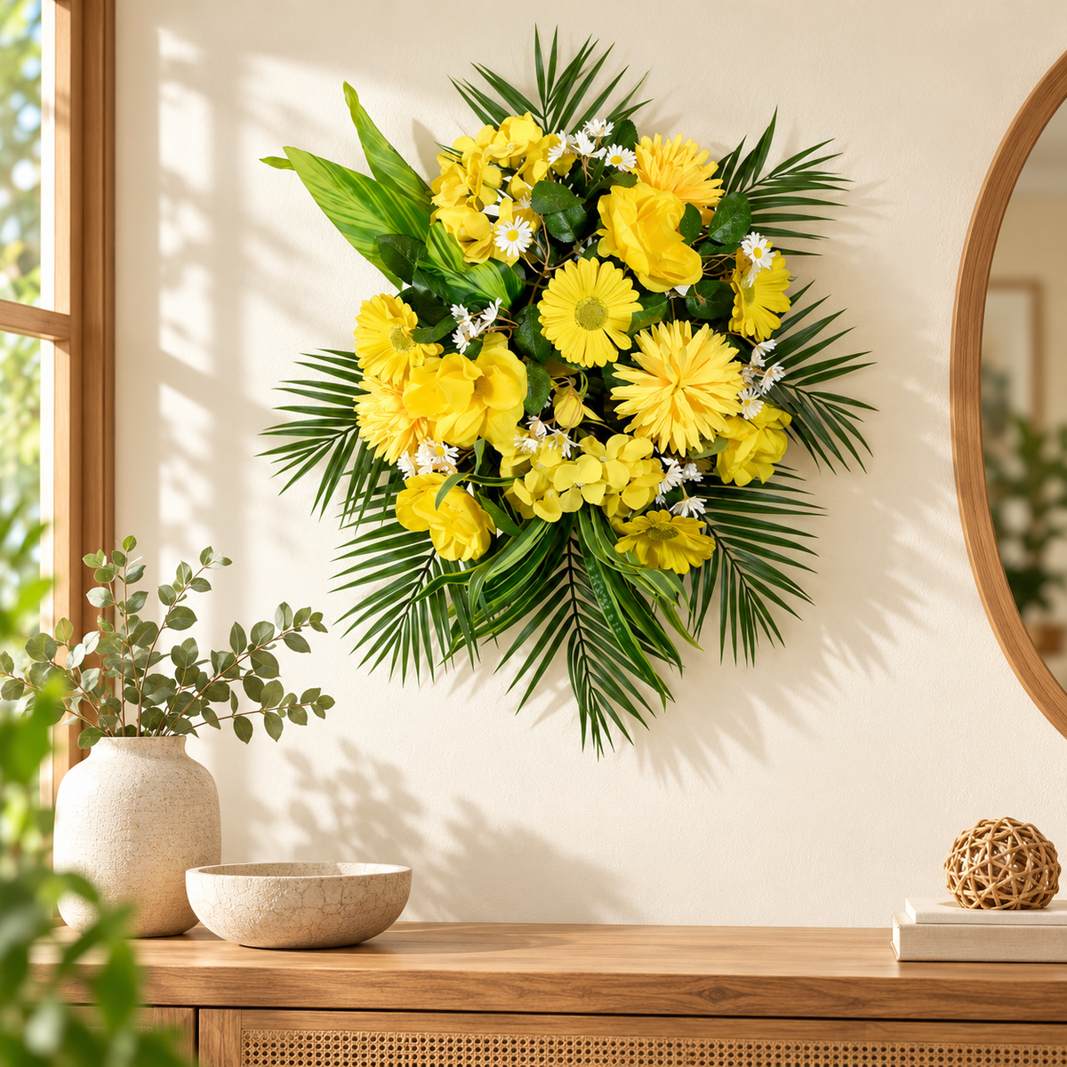 Artificial Yellow Gerbera & Mixed Floral Bouquet with Green Foliage for Wedding & Event Décor – 30 × 55 cm