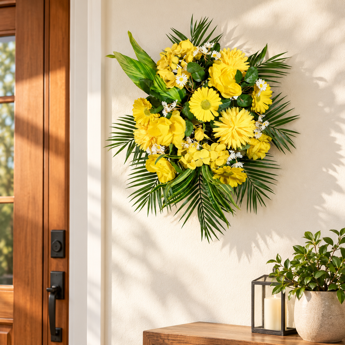 Artificial Yellow Gerbera & Mixed Floral Bouquet with Green Foliage for Wedding & Event Décor – 30 × 55 cm