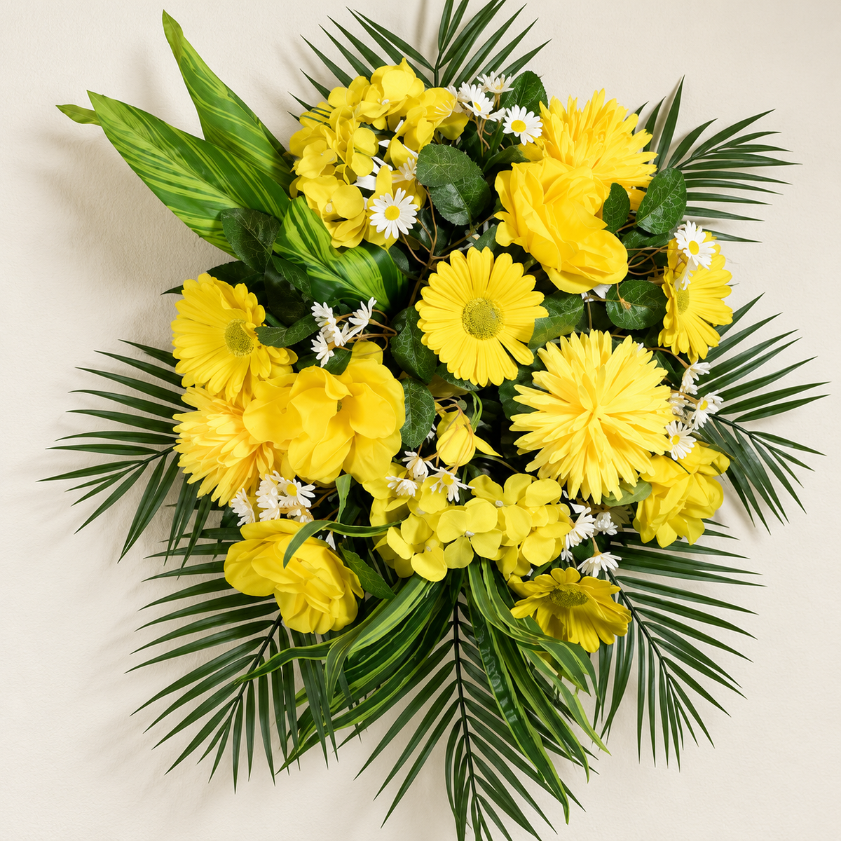 Artificial Yellow Gerbera & Mixed Floral Bouquet with Green Foliage for Wedding & Event Décor – 30 × 55 cm