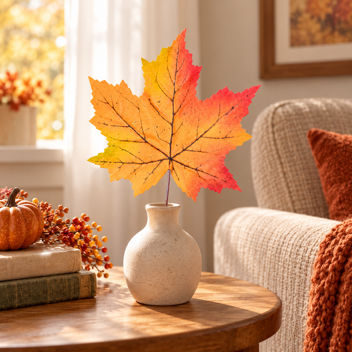 Artificial Orange & Yellow Autumn Maple Leaf Stick for Home & Festive Décor – 20 × 29 cm