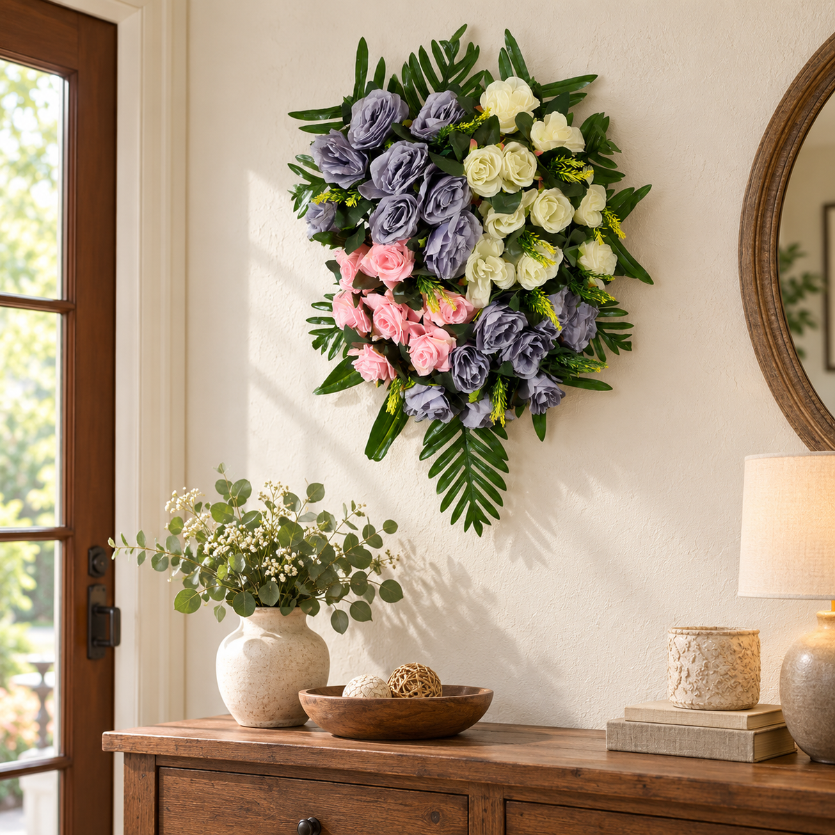 Artificial Lavender, Pink & Ivory Rose Floral Bouquet with Green Foliage for Wedding & Event Décor – 40 × 55 cm