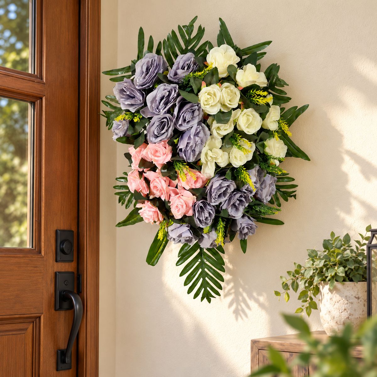 Artificial Lavender, Pink & Ivory Rose Floral Bouquet with Green Foliage for Wedding & Event Décor – 40 × 55 cm