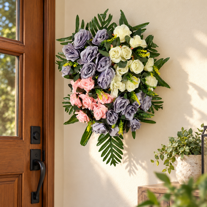 Artificial Lavender, Pink & Ivory Rose Floral Bouquet with Green Foliage for Wedding & Event Décor – 40 × 55 cm