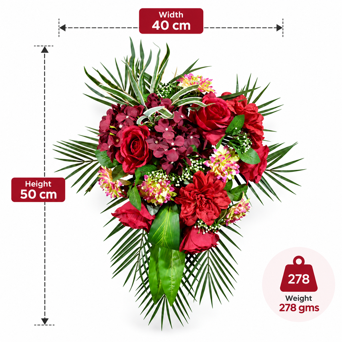 Artificial Red & Burgundy Floral Bouquet with Roses & Green Foliage for Wedding & Event Décor – 40 × 50 cm
