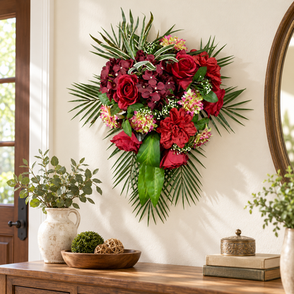 Artificial Red & Burgundy Floral Bouquet with Roses & Green Foliage for Wedding & Event Décor – 40 × 50 cm