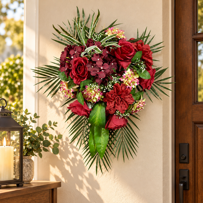 Artificial Red & Burgundy Floral Bouquet with Roses & Green Foliage for Wedding & Event Décor – 40 × 50 cm