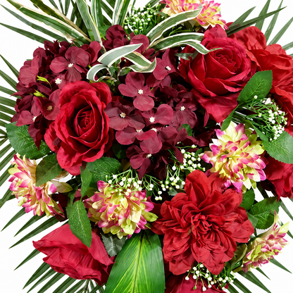 Artificial Red & Burgundy Floral Bouquet with Roses & Green Foliage for Wedding & Event Décor – 40 × 50 cm