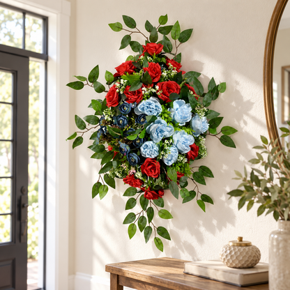 Artificial Red & Light Blue Rose Floral Bouquet with Green Foliage for Wedding & Event Décor – 36 × 50 cm