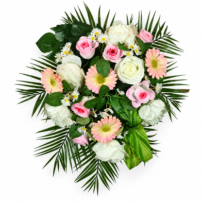 Artificial Pink & Ivory Rose and Gerbera Floral Bouquet with Green Foliage for Wedding & Event Décor – 40 × 46 cm