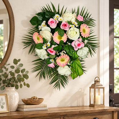Artificial Pink & Ivory Rose and Gerbera Floral Bouquet with Green Foliage for Wedding & Event Décor – 40 × 46 cm