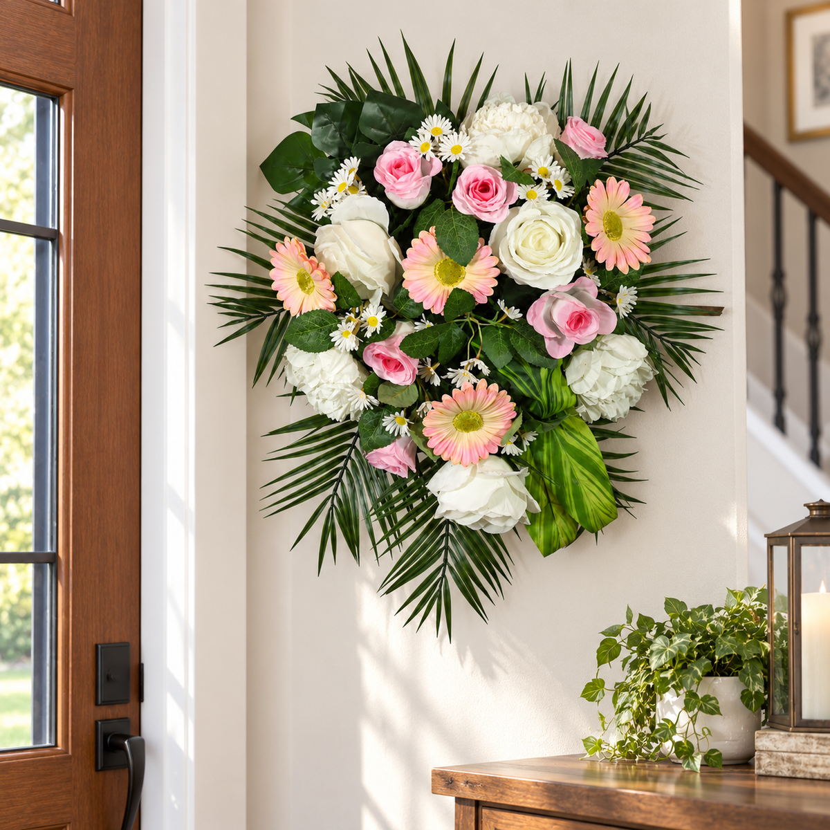 Artificial Pink & Ivory Rose and Gerbera Floral Bouquet with Green Foliage for Wedding & Event Décor – 40 × 46 cm