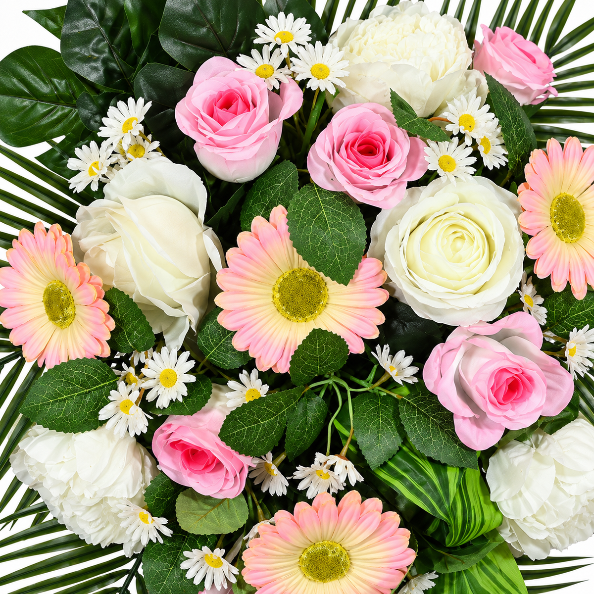 Artificial Pink & Ivory Rose and Gerbera Floral Bouquet with Green Foliage for Wedding & Event Décor – 40 × 46 cm