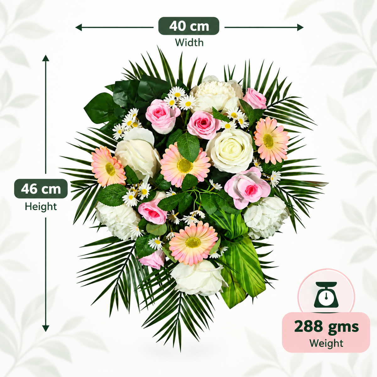 Artificial Pink & Ivory Rose and Gerbera Floral Bouquet with Green Foliage for Wedding & Event Décor – 40 × 46 cm