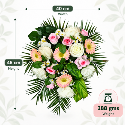 Artificial Pink & Ivory Rose and Gerbera Floral Bouquet with Green Foliage for Wedding & Event Décor – 40 × 46 cm