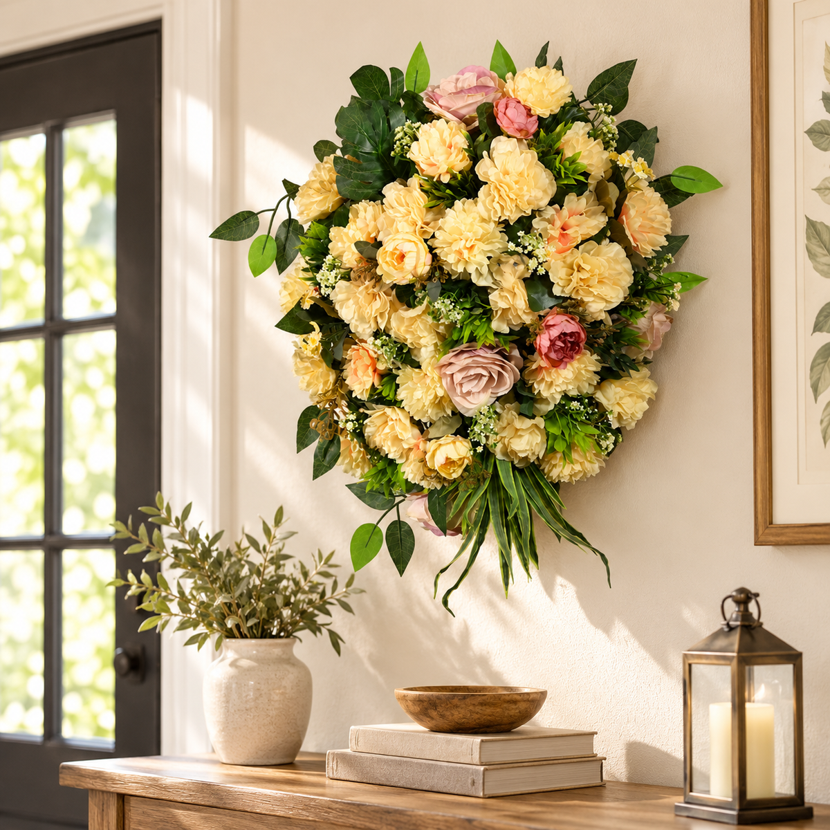 Artificial Yellow & Peach Floral Bouquet with Roses & Green Foliage for Wedding & Event Décor – 40 × 55 cm