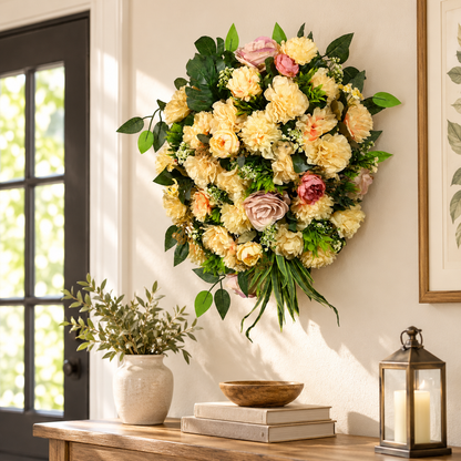 Artificial Yellow & Peach Floral Bouquet with Roses & Green Foliage for Wedding & Event Décor – 40 × 55 cm