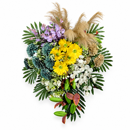 Artificial Yellow & Teal Floral Bouquet with Gerberas & Decorative Foliage for Wedding & Event Décor – 47 × 70 cm