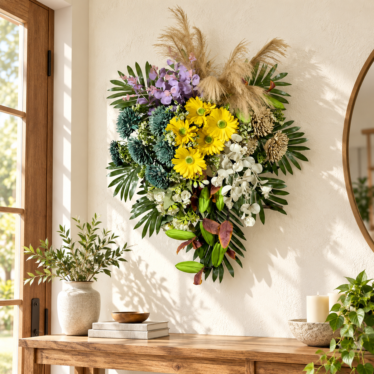 Artificial Yellow & Teal Floral Bouquet with Gerberas & Decorative Foliage for Wedding & Event Décor – 47 × 70 cm