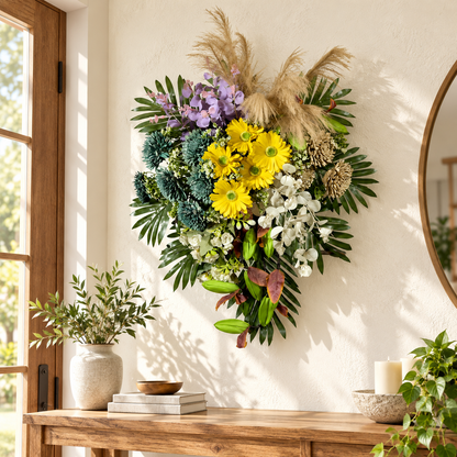 Artificial Yellow & Teal Floral Bouquet with Gerberas & Decorative Foliage for Wedding & Event Décor – 47 × 70 cm