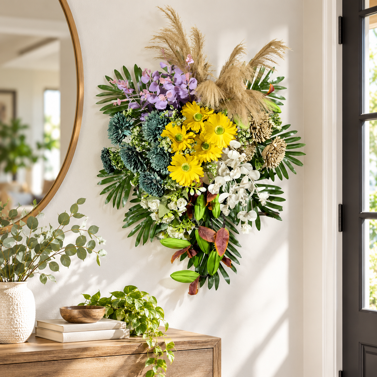 Artificial Yellow & Teal Floral Bouquet with Gerberas & Decorative Foliage for Wedding & Event Décor – 47 × 70 cm