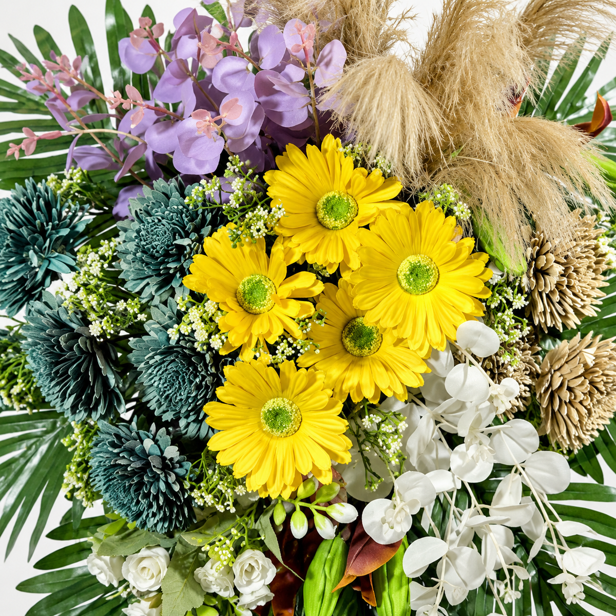 Artificial Yellow & Teal Floral Bouquet with Gerberas & Decorative Foliage for Wedding & Event Décor – 47 × 70 cm