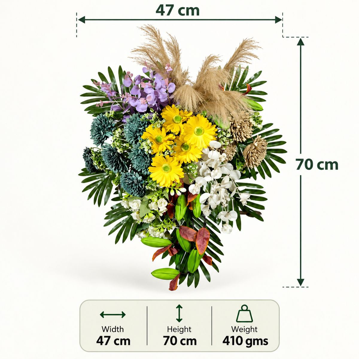 Artificial Yellow & Teal Floral Bouquet with Gerberas & Decorative Foliage for Wedding & Event Décor – 47 × 70 cm