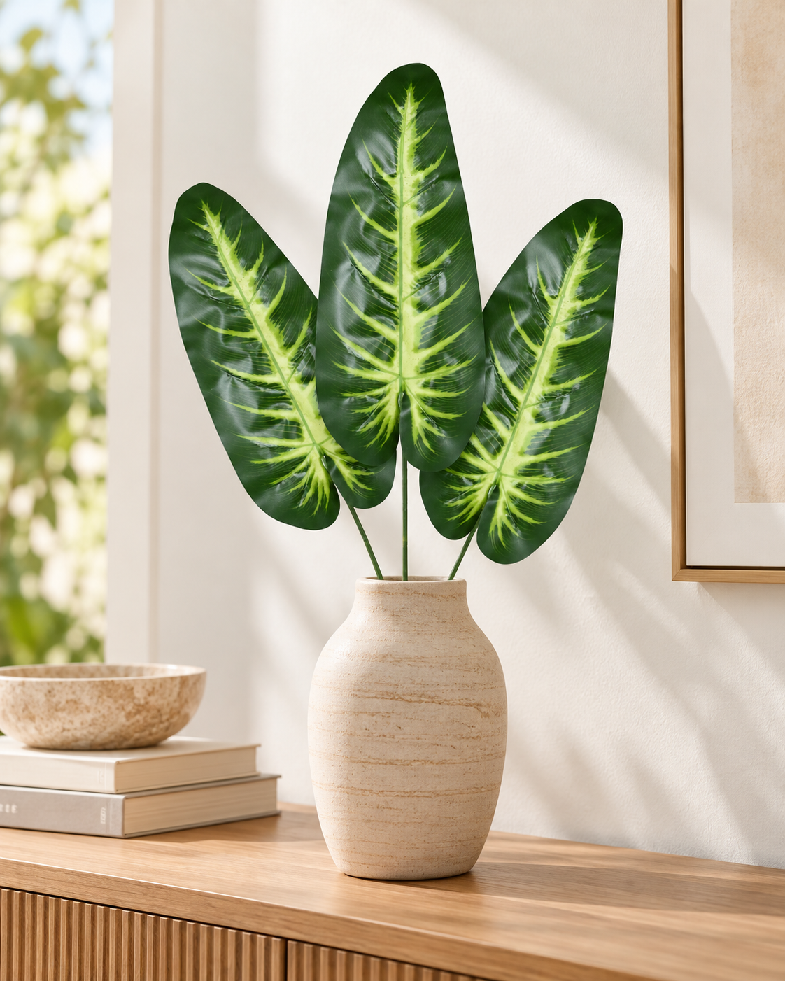 Artificial Green & Yellow Variegated Leaf Stick for Home, Wedding & Event Décor