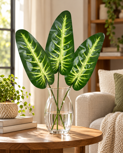 Artificial Green & Yellow Variegated Leaf Stick for Home, Wedding & Event Décor