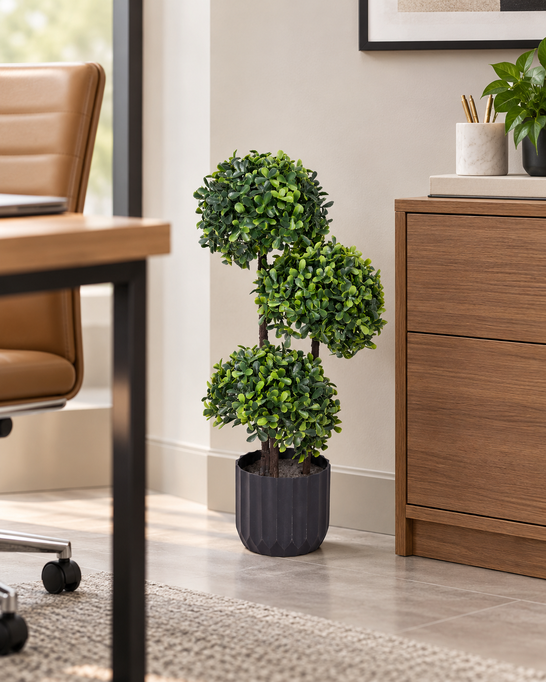 Artificial Green Triple Ball Topiary Plant with Black Pot for Home & Office Décor – 25 × 52 cm