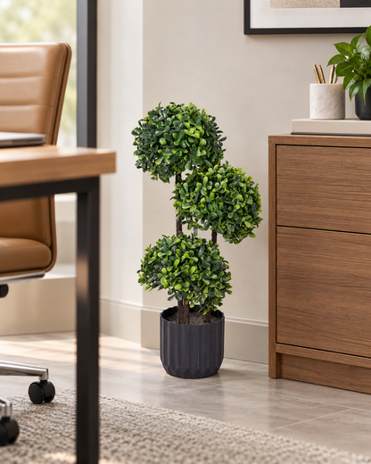 Artificial Green Triple Ball Topiary Plant with Black Pot for Home & Office Décor – 25 × 52 cm