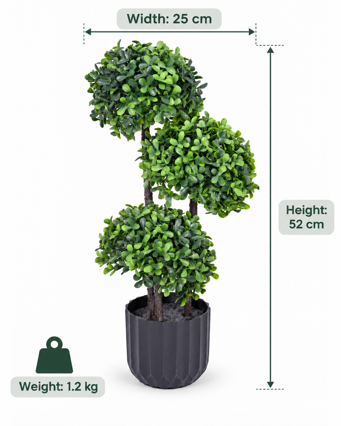 Artificial Green Triple Ball Topiary Plant with Black Pot for Home & Office Décor – 25 × 52 cm