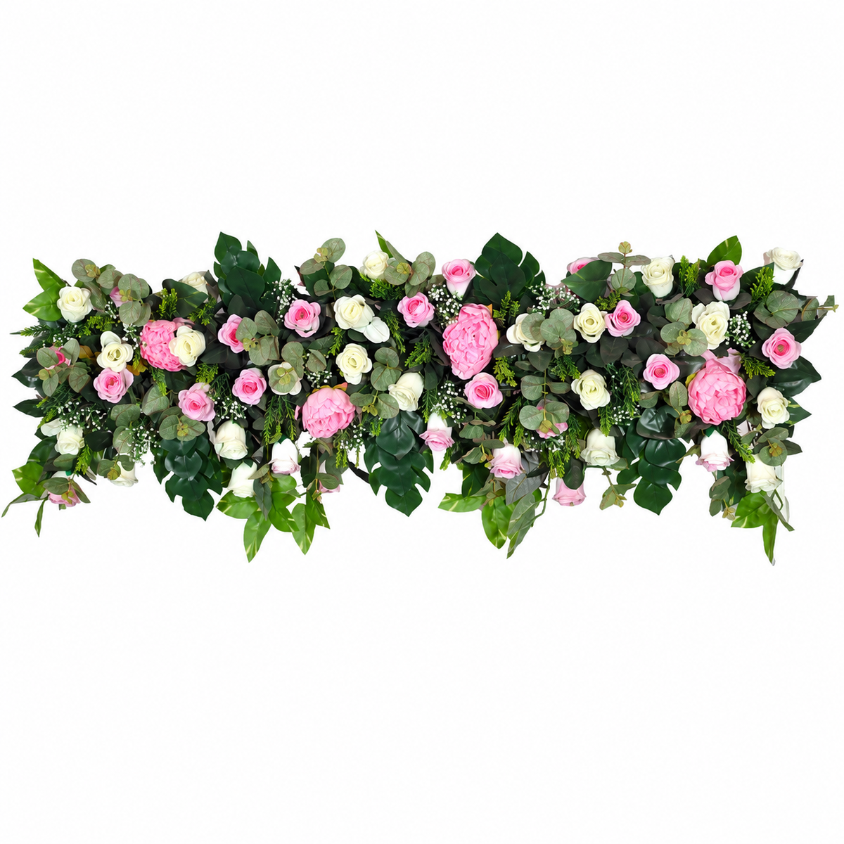 Artificial Pink & Ivory Rose Floral Channel Panel with Green Foliage for Wedding & Event Décor – 120 × 30 cm