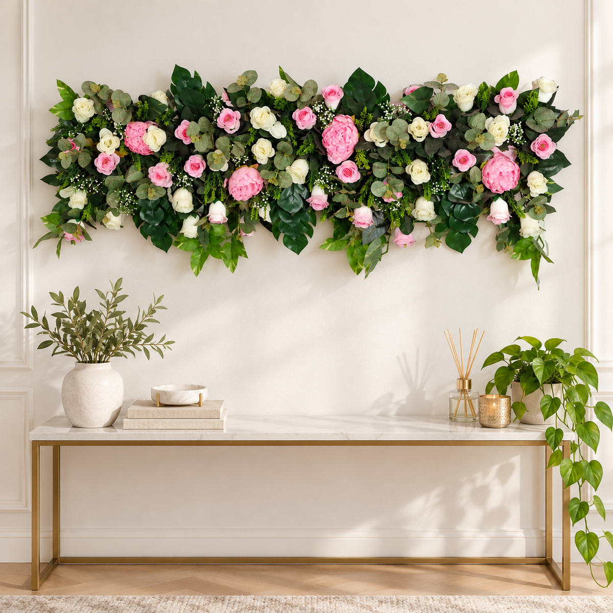 Artificial Pink & Ivory Rose Floral Channel Panel with Green Foliage for Wedding & Event Décor – 120 × 30 cm