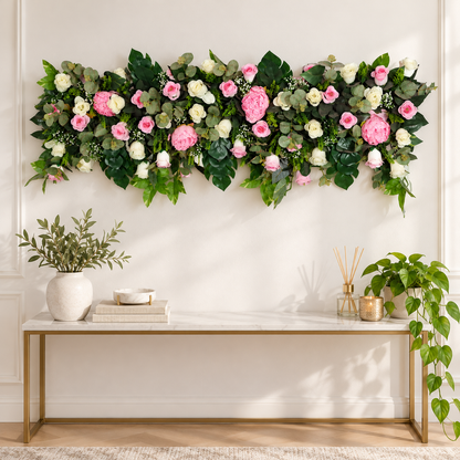 Artificial Pink & Ivory Rose Floral Channel Panel with Green Foliage for Wedding & Event Décor – 120 × 30 cm