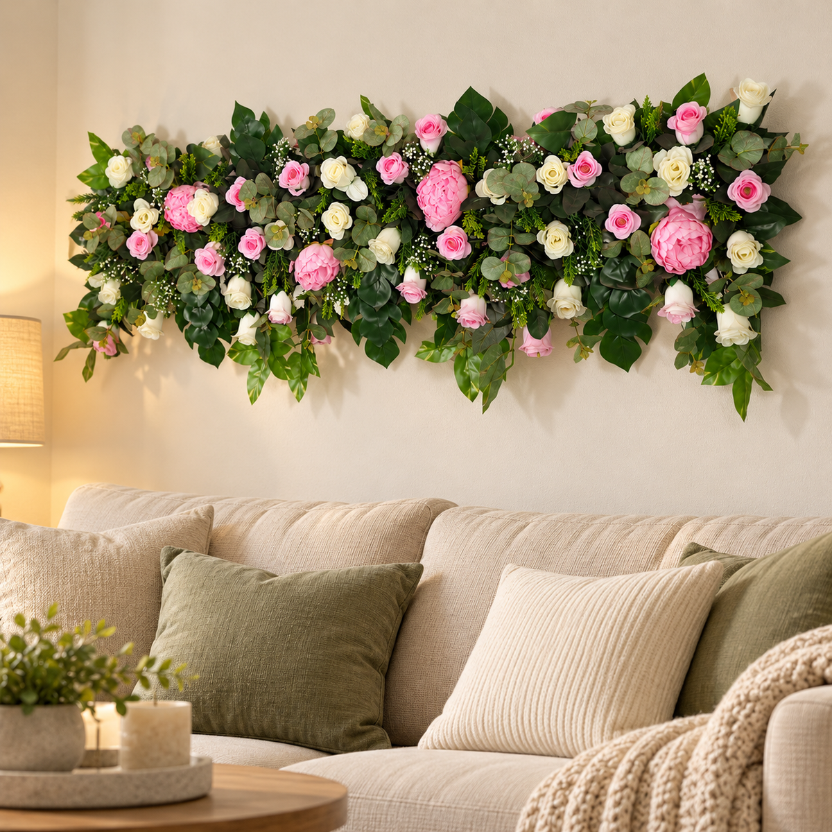 Artificial Pink & Ivory Rose Floral Channel Panel with Green Foliage for Wedding & Event Décor – 120 × 30 cm