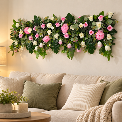 Artificial Pink & Ivory Rose Floral Channel Panel with Green Foliage for Wedding & Event Décor – 120 × 30 cm