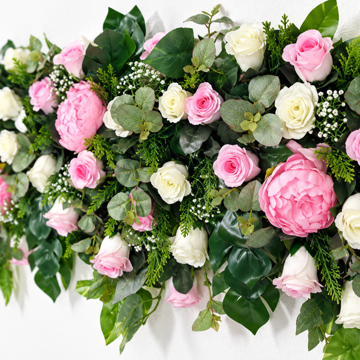 Artificial Pink & Ivory Rose Floral Channel Panel with Green Foliage for Wedding & Event Décor – 120 × 30 cm