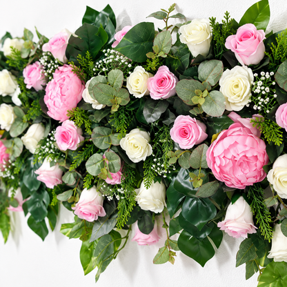 Artificial Pink & Ivory Rose Floral Channel Panel with Green Foliage for Wedding & Event Décor – 120 × 30 cm