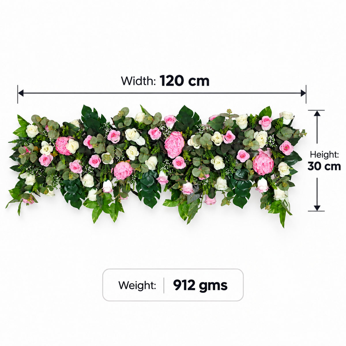 Artificial Pink & Ivory Rose Floral Channel Panel with Green Foliage for Wedding & Event Décor – 120 × 30 cm