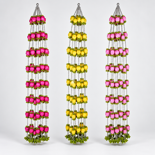Multicolor Artificial Rose Flower Hanging Jhumar with Beaded Strings – Decorative Floral Latkan