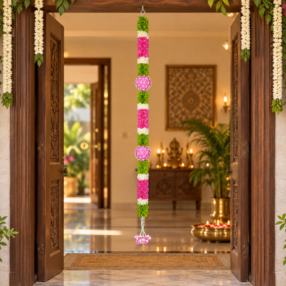 Artificial Pink & Green Floral Hanging Garland with Round Flower Motifs – Decorative Band Latkan for Door, Pooja, Mandir & Festive Décor (190 cm)