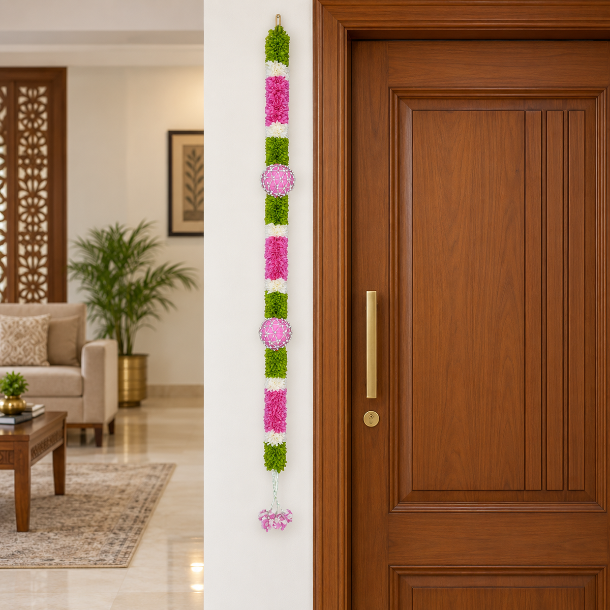 Artificial Pink & Green Floral Hanging Garland with Round Flower Motifs – Decorative Band Latkan for Door, Pooja, Mandir & Festive Décor (190 cm)