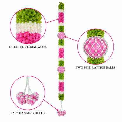Artificial Pink & Green Floral Hanging Garland with Round Flower Motifs – Decorative Band Latkan for Door, Pooja, Mandir & Festive Décor (190 cm)